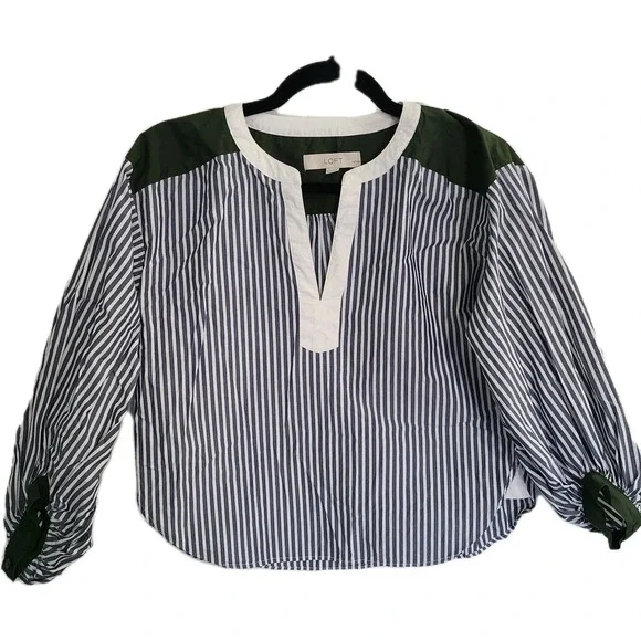 Loft Colorblock Poplin Petite Blouse Top Women's Sz XSP Green/White Casual Cute - Picture 1 of 11